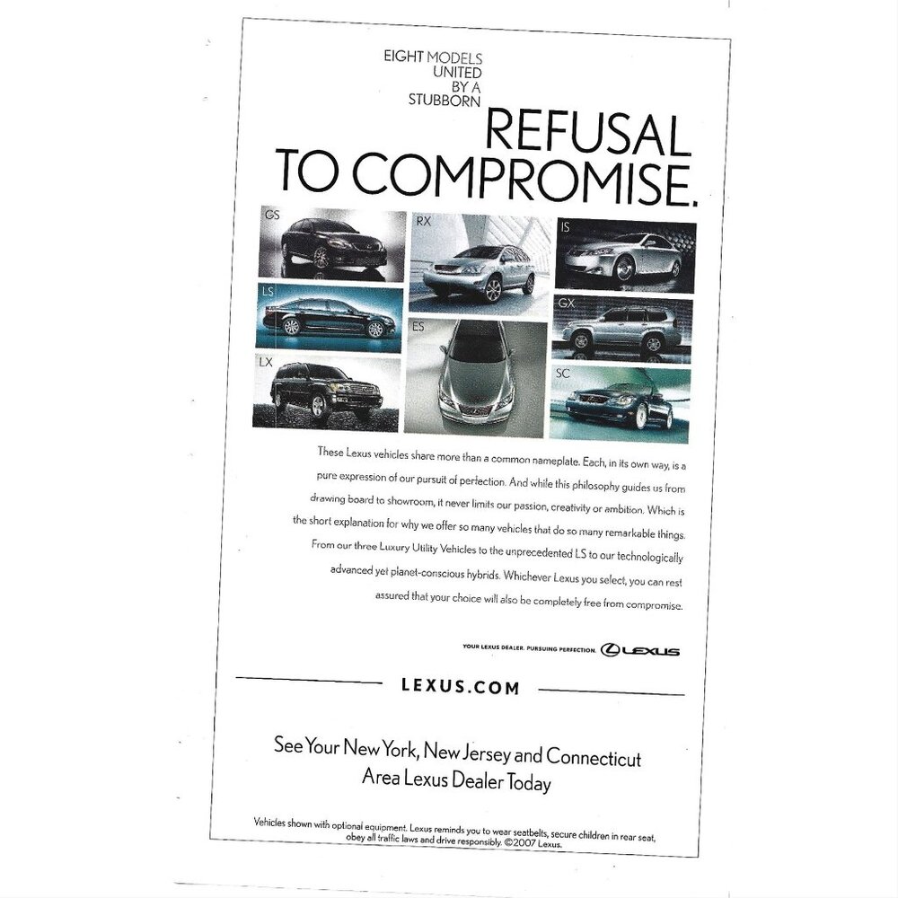 Lexus Refusal to Compromise Eight Models Luxury Car Sedan 2000s Print Ad
